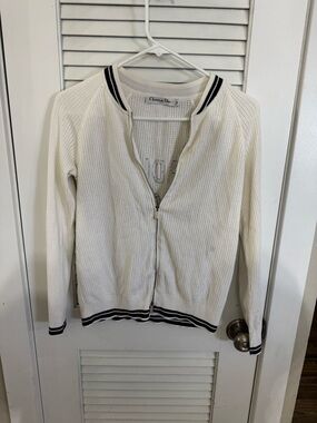 Dior White Knit Zip Cardigan with Navy Stripe Trim